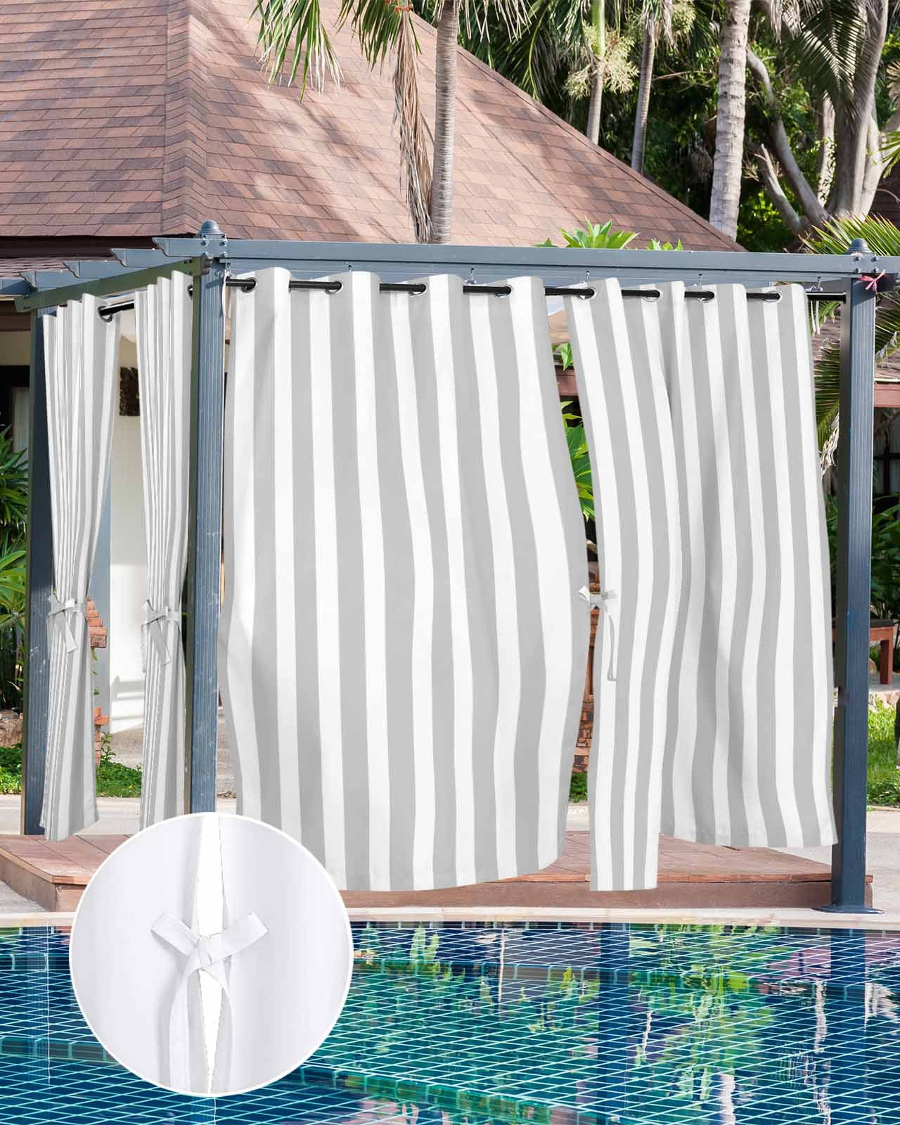Grey Striped Outdoor Curtains for Patio, Modern Farmhouse Gray White Stripes Privacy Drapes Grommet Waterproof Outside Curtains for Porch/Cabana/Balcony 54"x 95", 2 Panel