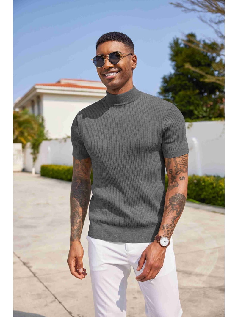 Coofandy Men's Short Sleeve Mock Turtleneck Sweater, Ribbed Knit
