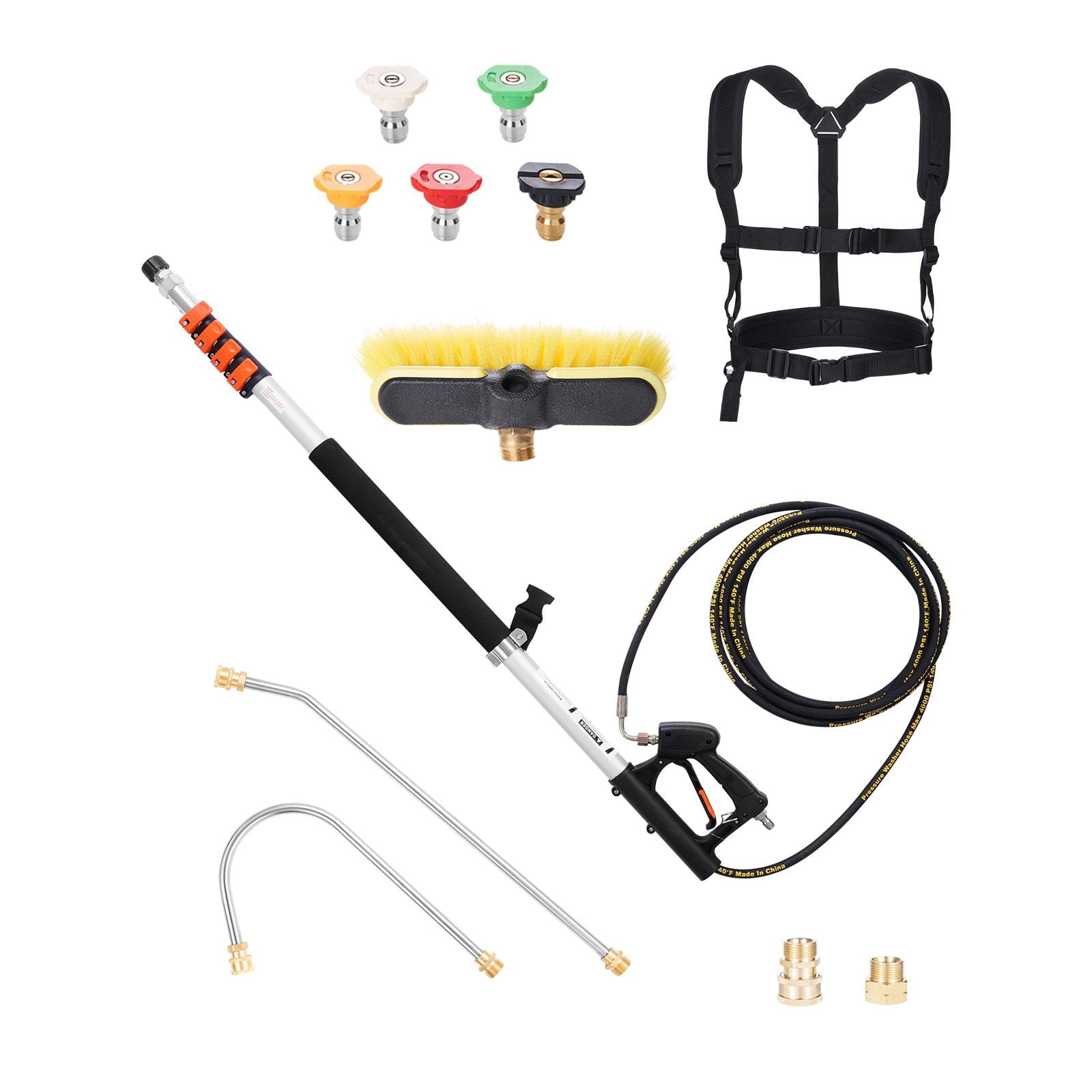 Pressure Washer Telescoping Wand, 18 ft, 4000 psi, Telescopic Spray Wand with Power Washer Extension Wands, Gutter Cleaner, Brush Head, 5 Spray Nozzle Tips, Adapter and Adjustable Support Belt