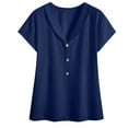 thumbnail image 7 of YTCAMLO Collared V Neck Womens Cotton Linen Blouses Casual Solid Short Sleeve Shirts Lightweight Button Business Tunic Tops, Navy XL, 7 of 7