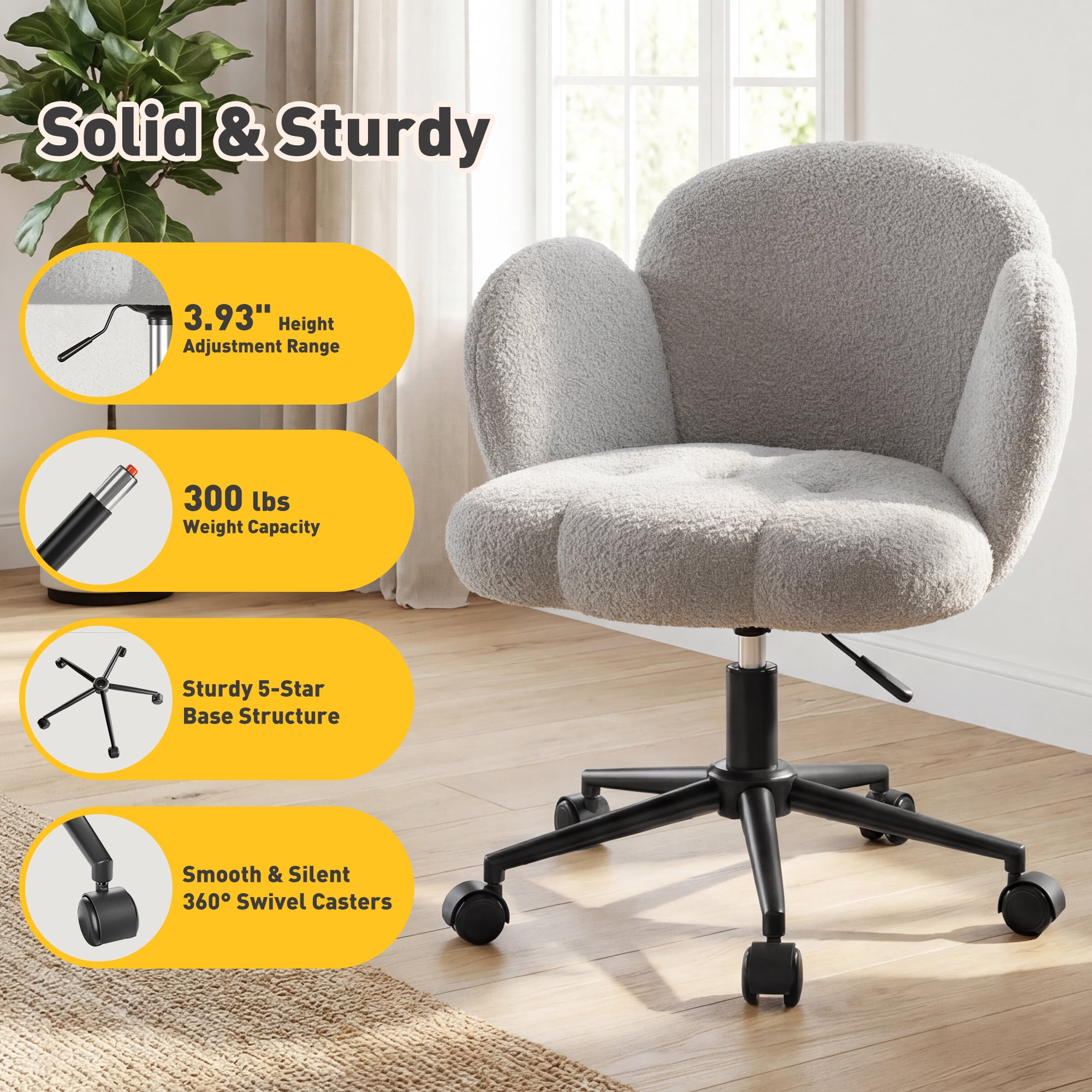 Romorgniz Vanity Chair with Back & Wheels Upholstered Desk Chair Height Adjustable Teddy Velvet Computer Task Chairs for Home Office, Gray