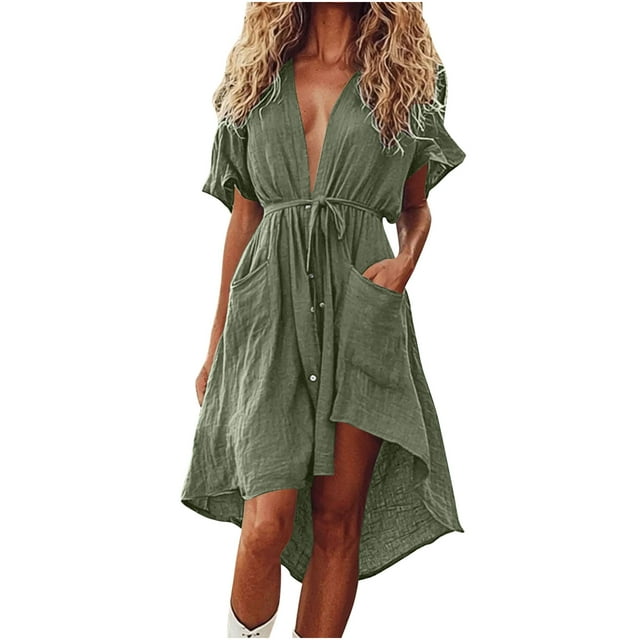 Liquidation d'Été 2025! Robe d'Été en Solde pour Femmes, Robes Courtes d'Été pour Femmes Manches Courtes Bloc de Couleur Ample Tendance Imitation Coton et Lin Mini Robe avec Bouton Poche