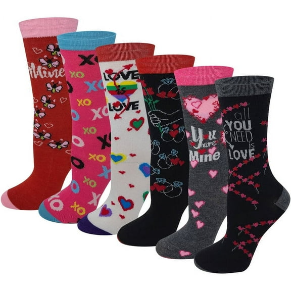 Women 6 Pairs Valentine's Day Hearts Novelty Crew Socks