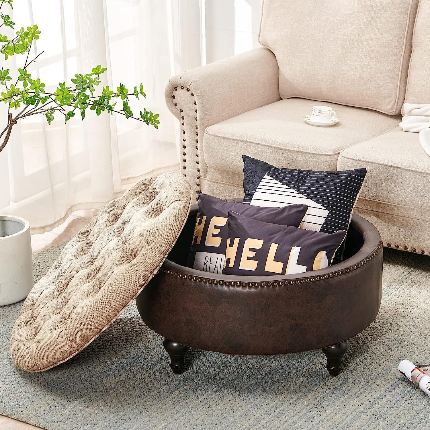 Nathaniel Home Upholstered 30" Round Storage Button Tufted Ottoman, with Removable Lid, Modern Footrest Stool Bench, Light Brown/Dark Brown
