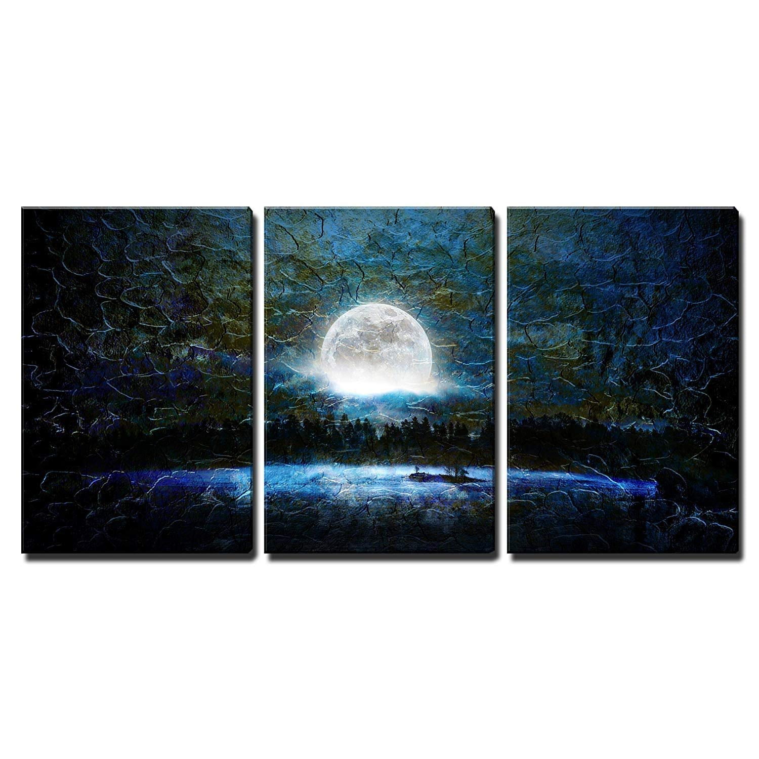 wall26 3 Piece Canvas Wall Art Glowing Full Moon over a Blue