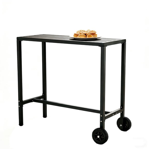 39 Inch Rolling Bar Table with Wheels & Adjustable Feet - Waterproof Metal Top, Sturdy Black Frame Counter Height Table for Patio, Balcony, Hot Tub, Poolside & Indoor Kitchen Use