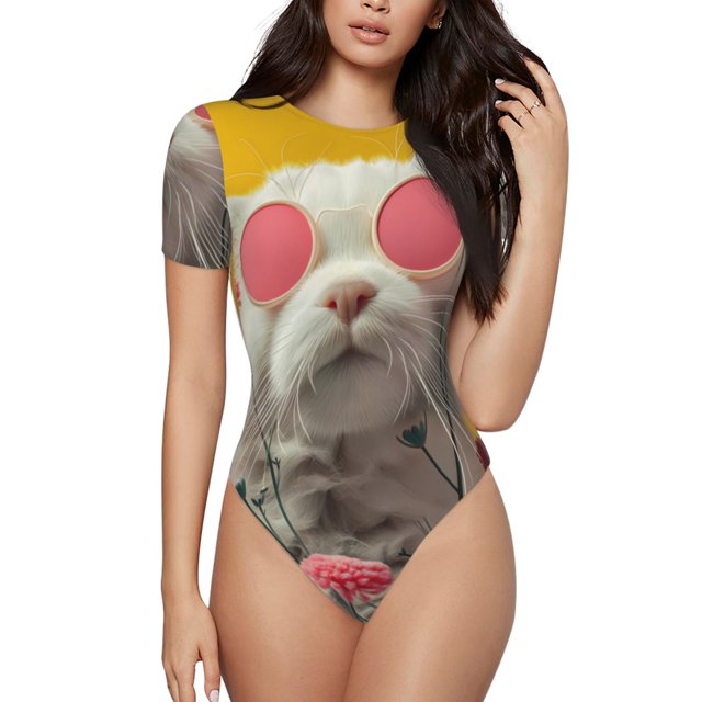 Lsque Lunettes de Soleil Florales Art Chat Col Rond Manches Courtes Justaucorps Basique T-Shirts Hauts Grenouillère Adulte Mignon Pyjama-TTG