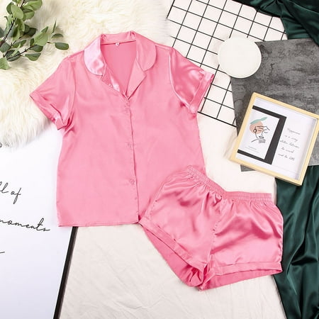 

Voncos Sleepwear Sets Women Fresh Trends- Women s Occidental Color Cardigan Tie Up Pajamas Pajamas Solid Color Home Suit Loose Pajamas Set Hot Pink L