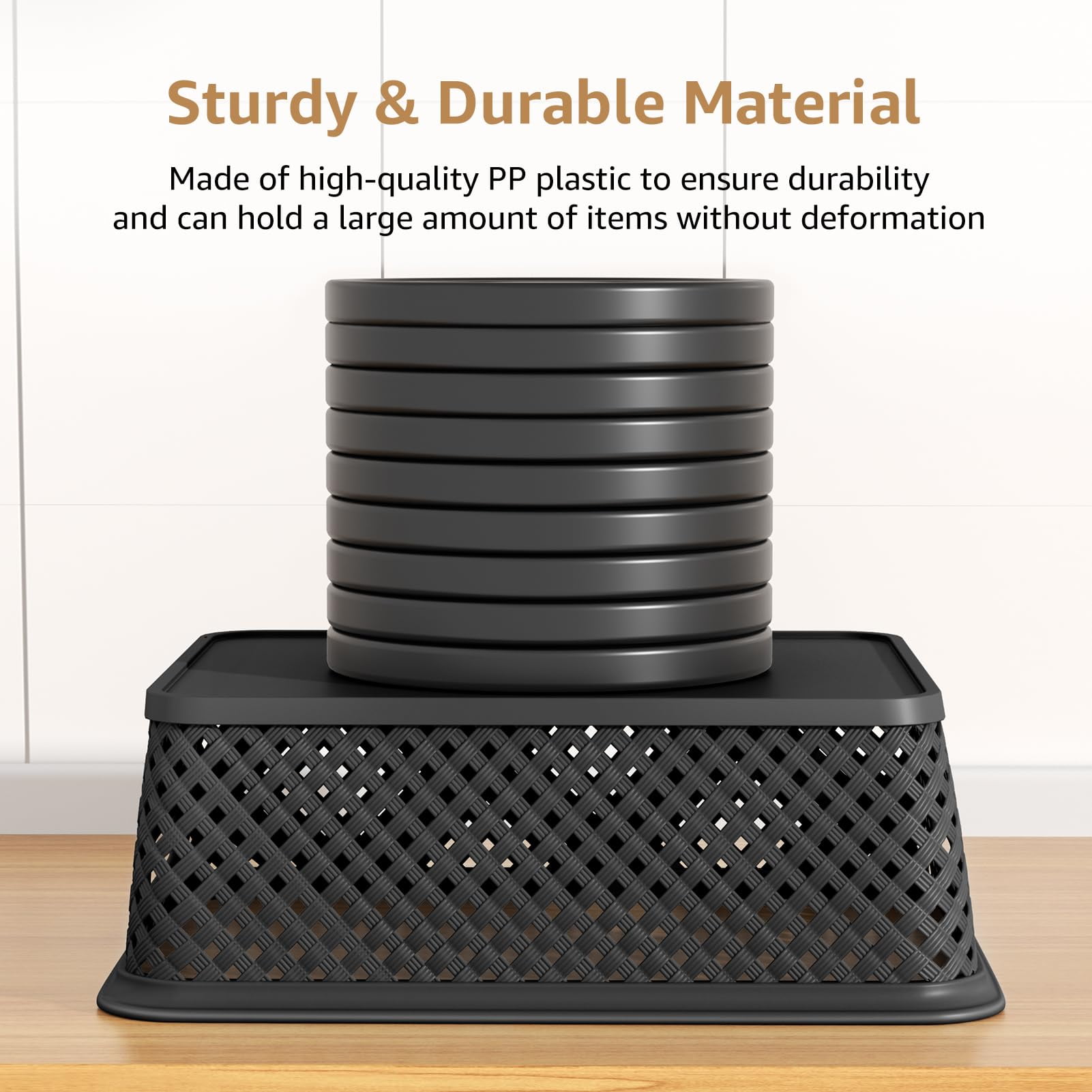 MaxGear 3 Pack Large Storage Bins with Handles, Black Woven Plastic Organizer Baskets for Home & Office Organization, 13.8x11.5x5.2 Inch