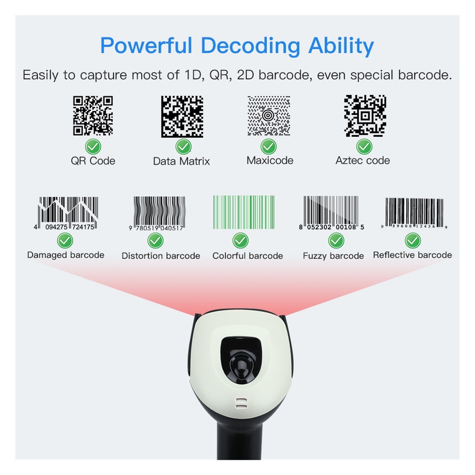 Wireless 2D QR Barcode Scanner With Stand Bluetooth 2.4G Wireless USB Wired Handheld Barcode Reader Scanning Auto Sensing ,Easy to Operate