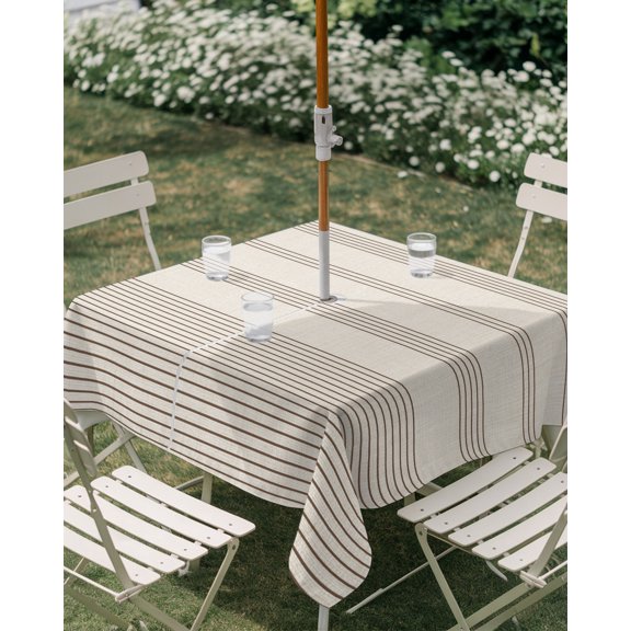Outdoor Tablecloth with Umbrella Hole, Vintage Rustic Burlap Line Art Zippered Table Cloth for Rectangle Tables, Farmhouse Stripes Washable Waterproof Tablecloths for Picnic Patio Garden