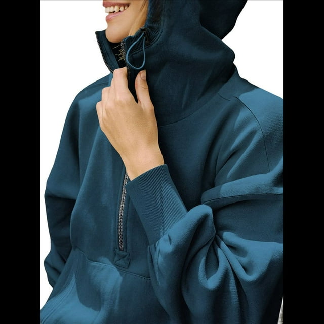 Sudadera con Capucha y Media Cremallera para Mujer, Informal, de Larga, Corta, con Cremallera de un Cuarto. Azul L