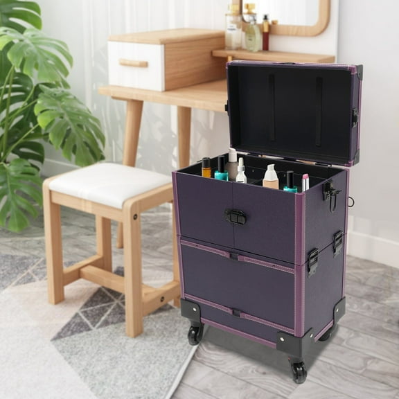 Modern Rolling Makeup Train Case Trolley Cosmetic Organizer Box with Mirror Purple