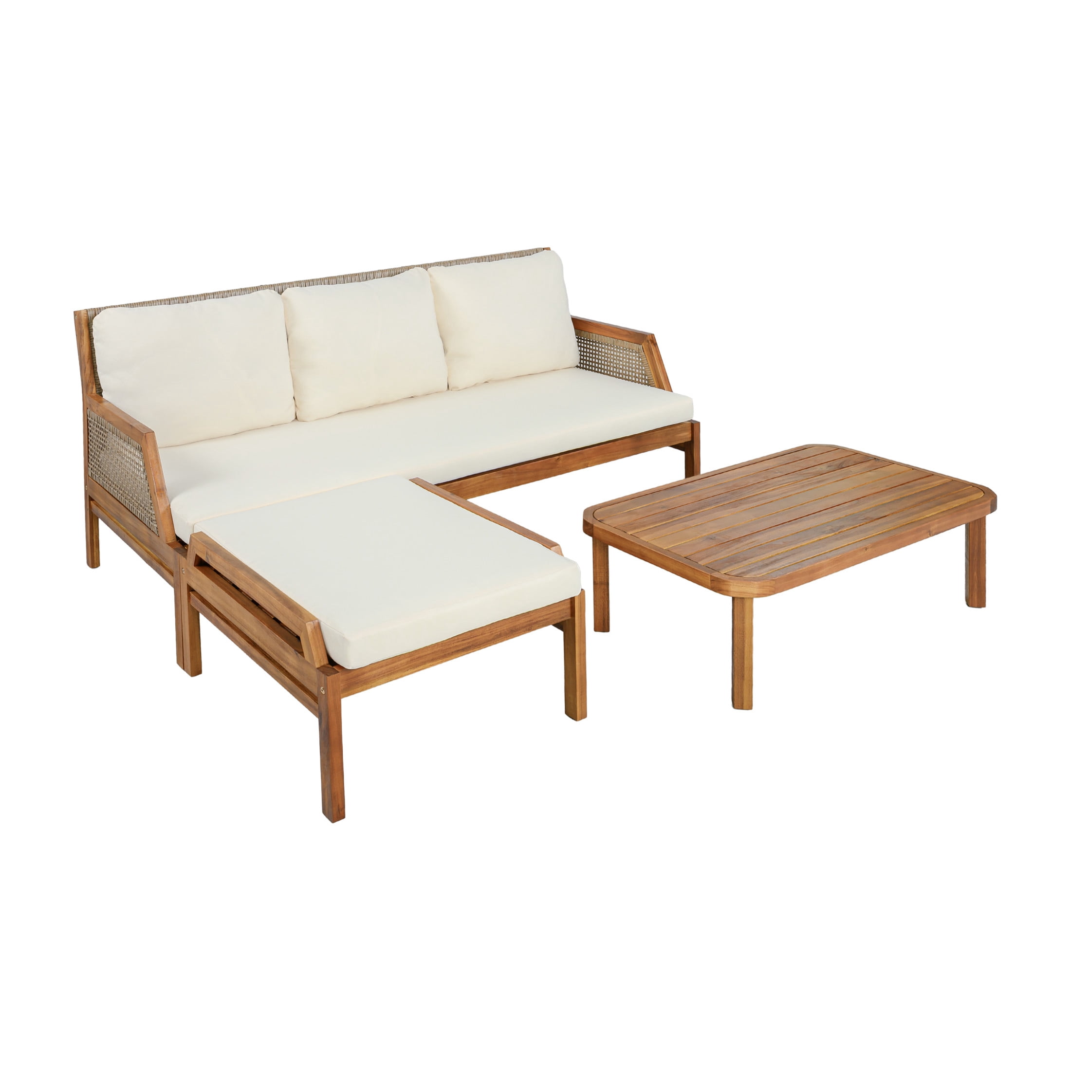 Christopher Knight Home Teak 3-Piece Outdoor Wicker Conversation Set with Table & Ottoman, Beige Cushion