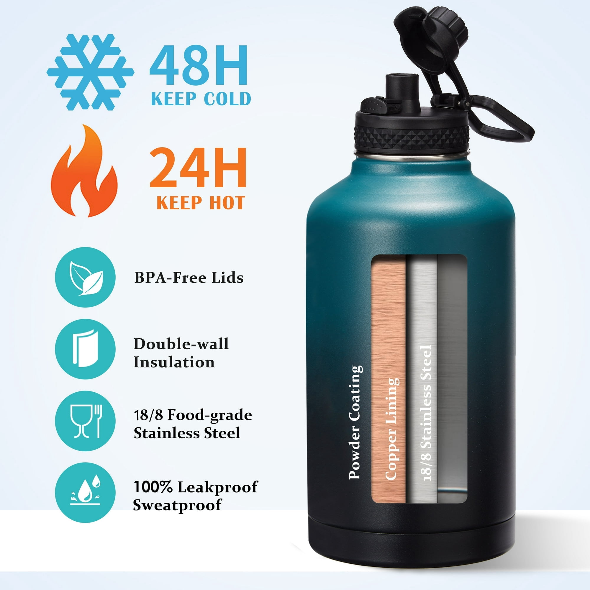 Half Gallon Insulated Water Bottle - 64 oz Stainless Steel Water Bottles with Straw Spout Lid, Paracord Handle, Shoulder Carrier Bag, Leak Proof BPA Free Water Flask Jug, Keep Cold-48H & Hot-24H