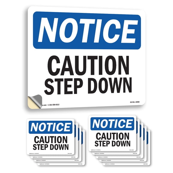 Caution Step Down OSHA Notice Vinyl Decal Label 10 Inch x 7 Inch - 10 Pack