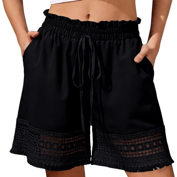 Kvture Women's High Waisted Summer Shorts Drawstring Hollow Out Beach Shorts Ruffled Waist Tassel Trim Short with Pocket XL