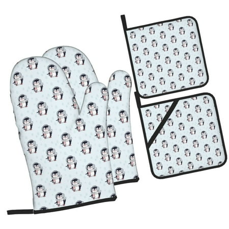 

Daiia Cute Penguin with Scarf Pattern Oven Mitts and Pot Holders 4 pcs Set High Heat Resistant 500 Degree Extra Thicken Long Kitchen Cotton Oven Glove