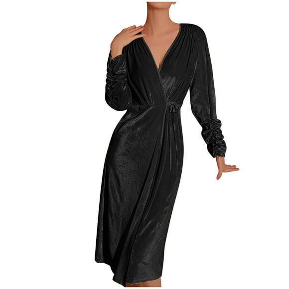 CFLVAEK Velvet Robe for Women Elegant Pleated Long Sleeve Dressing Gown Soft Fall Winter Bathrobes Solid Color Ladies Sleepwear 2025 Black M