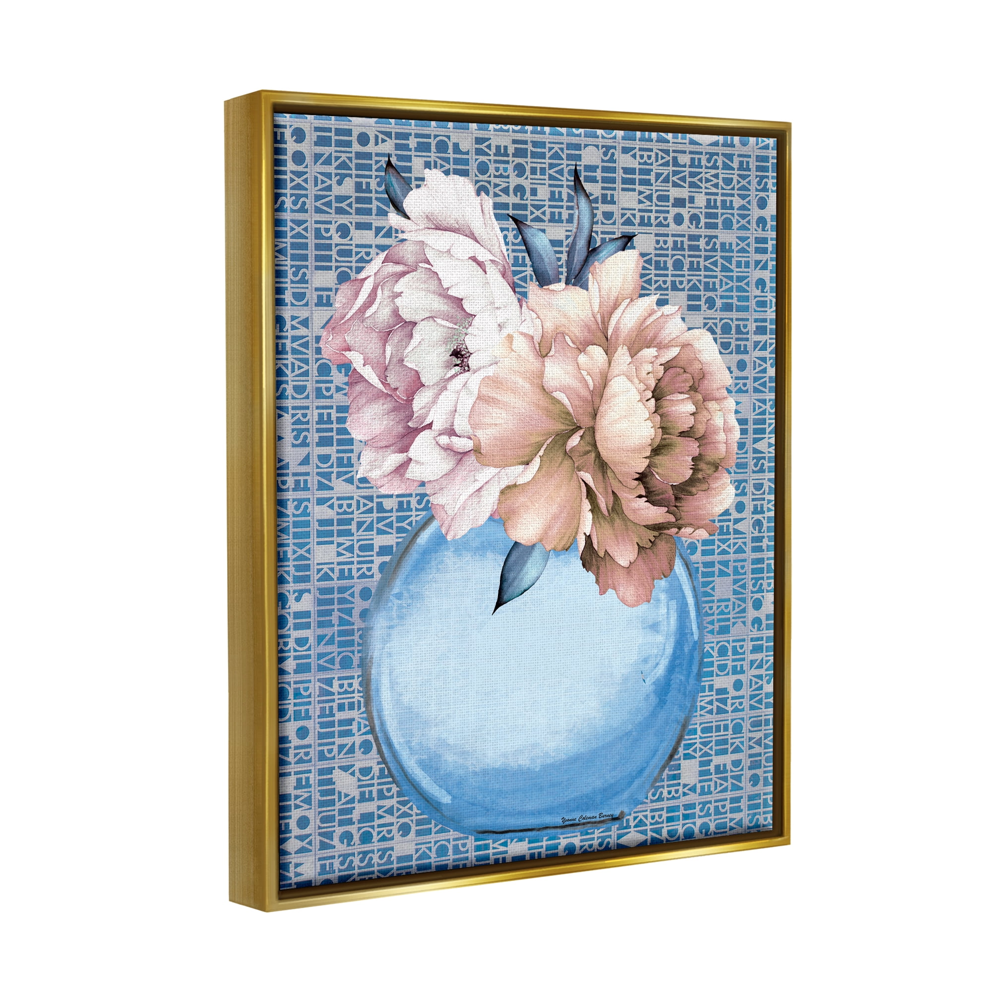 Stupell Industries Peonies on Typography Pattern Botanical & Floral Painting Gold Floater Framed Art Print Wall Art, 25 x 31