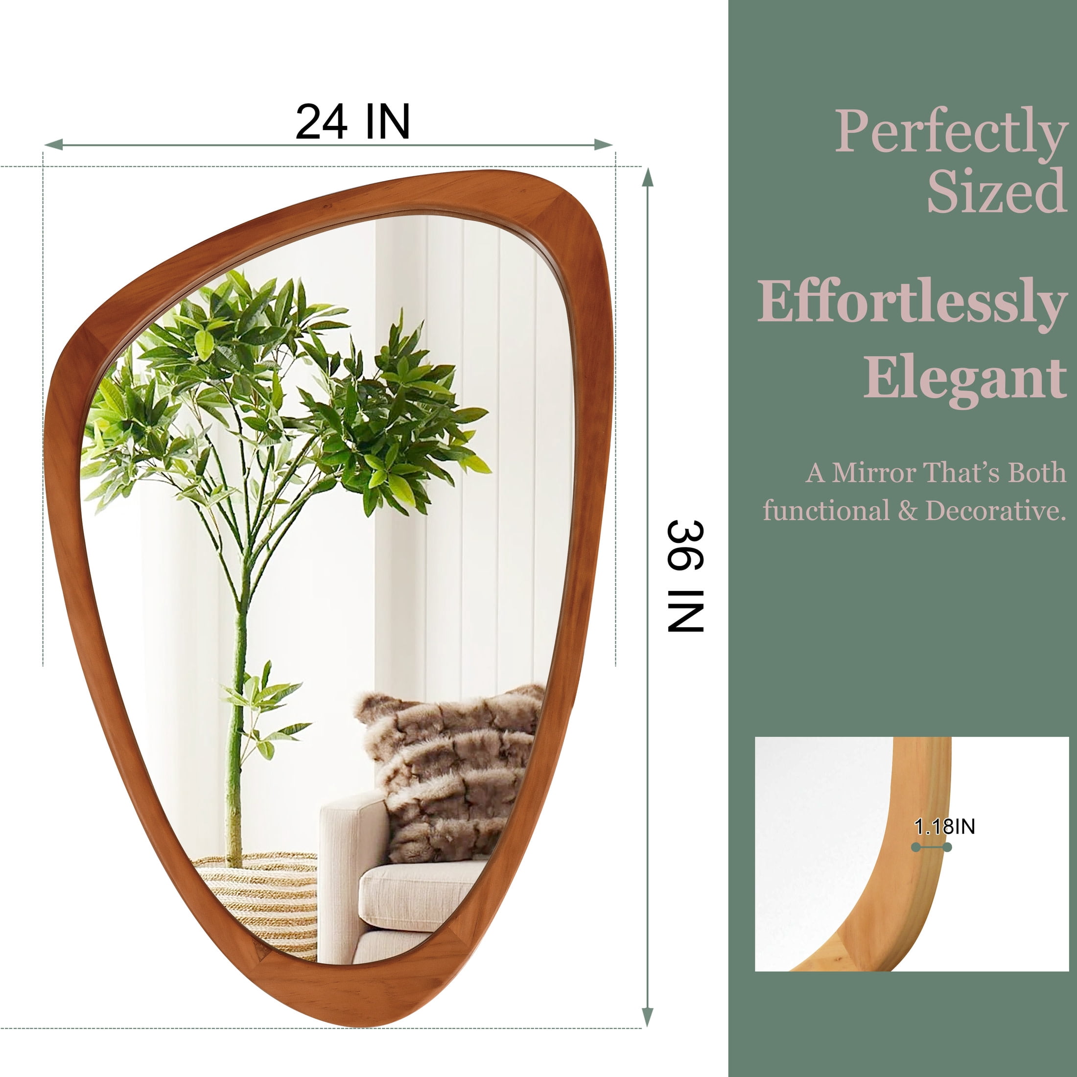 Noble House 24"x36" Irregular Solid Wood Wall Mirror, Modern Asymmetric Decorative Accent Bathroom Mirror, Yellowish Brown