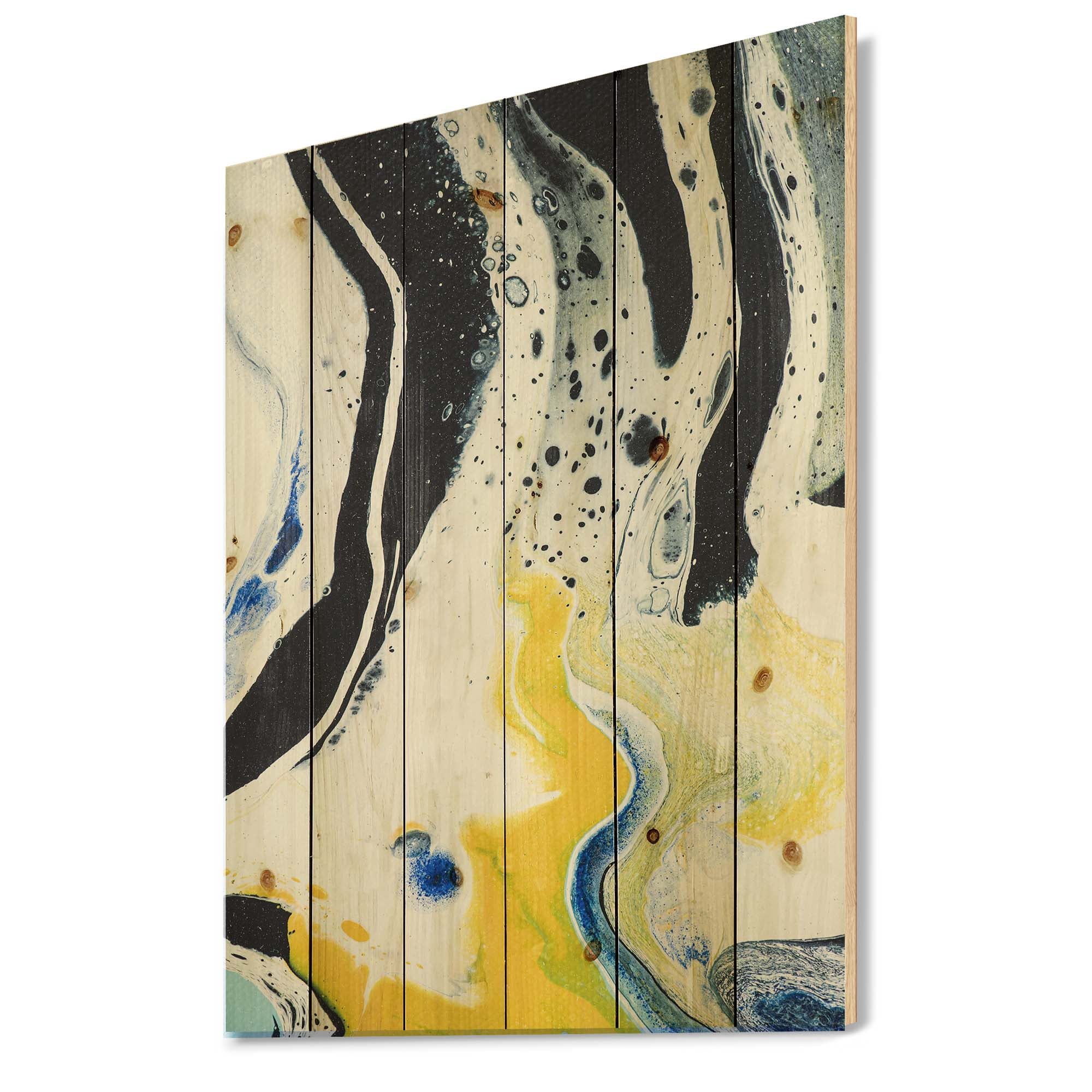 Designart 'Abstract Marble Composition In Blue and Yellow IV' Modern Print on Natural Pine Wood