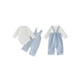 thumbnail image 2 of RUINIXCW Newborn Boy Girl Spring Fall Clothes Infant Baby Boys Girls 2 Pieces Outfit Long Sleeve White Romper Plaid Print Bib Overall Pants Set, 2 of 9
