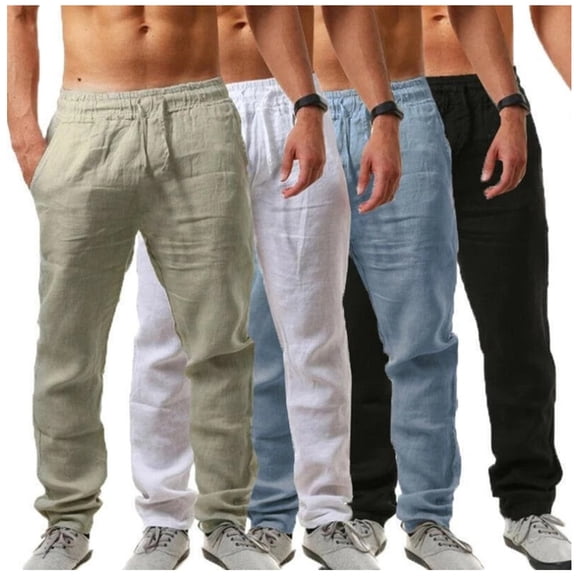 LIaqionyy Mens Cotton Linen Pants Casual Elastic Waist Straight Leg Drawstring Lightweight Beach Trousers with Pockets