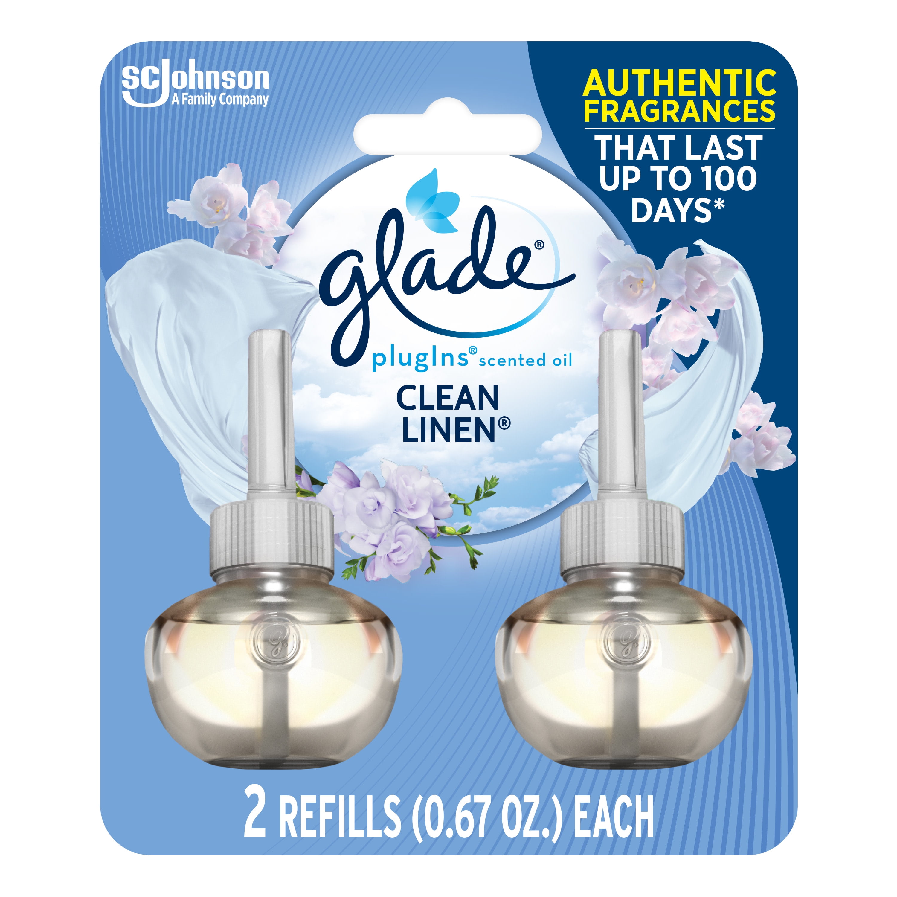 Glade PlugIns Refill 2 CT, Clean Linen, 1.34 FL. OZ. Total, Scented Oil Air Freshener Infused with Essential Oils