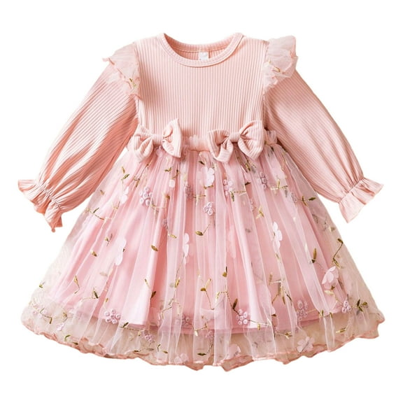 Wuxian Girls Knitted Mesh Tutu Dresses Ruffles Long Sleeve Round Neck Star Sequins Print Cute Bowk Tulle Dress Winter Thermal Cozy Clothing Fall Dresses,Pink,12-18 Months