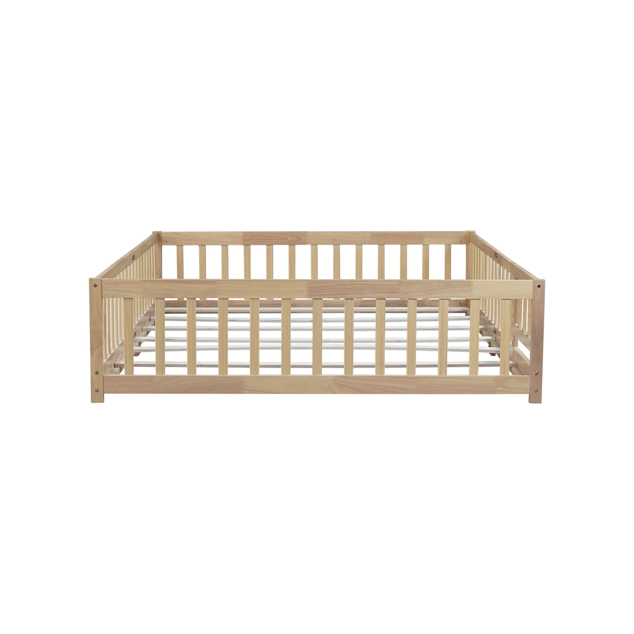 Noble House Corvel Queen Size Rubber Wooden Floor Bed with Safety Guardrails & Latching Fence Door, Natural