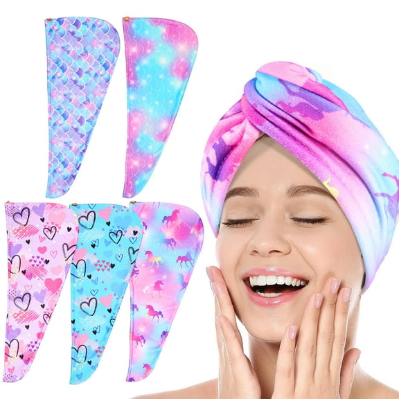 Lzvxtym 5Pcs Hair Towel Wrap Stong Absorbent Hair Drying Towel with Button Soft Comfortable Hair Turban Colorful Cute Hair Towel Absorbent Towel for Women Girls Children
