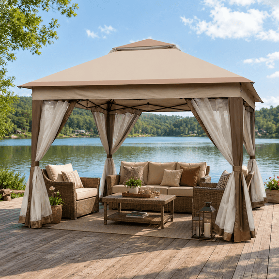 Seizeen 11' x 11' Pop Up Gazebo Canopy, 2-Tier Top Patio Gazebo Canopy with Removable Zippered Mesh Netting, Powder-Coated Steel Frame, Coffee, for Patio Backyard Garden Camping