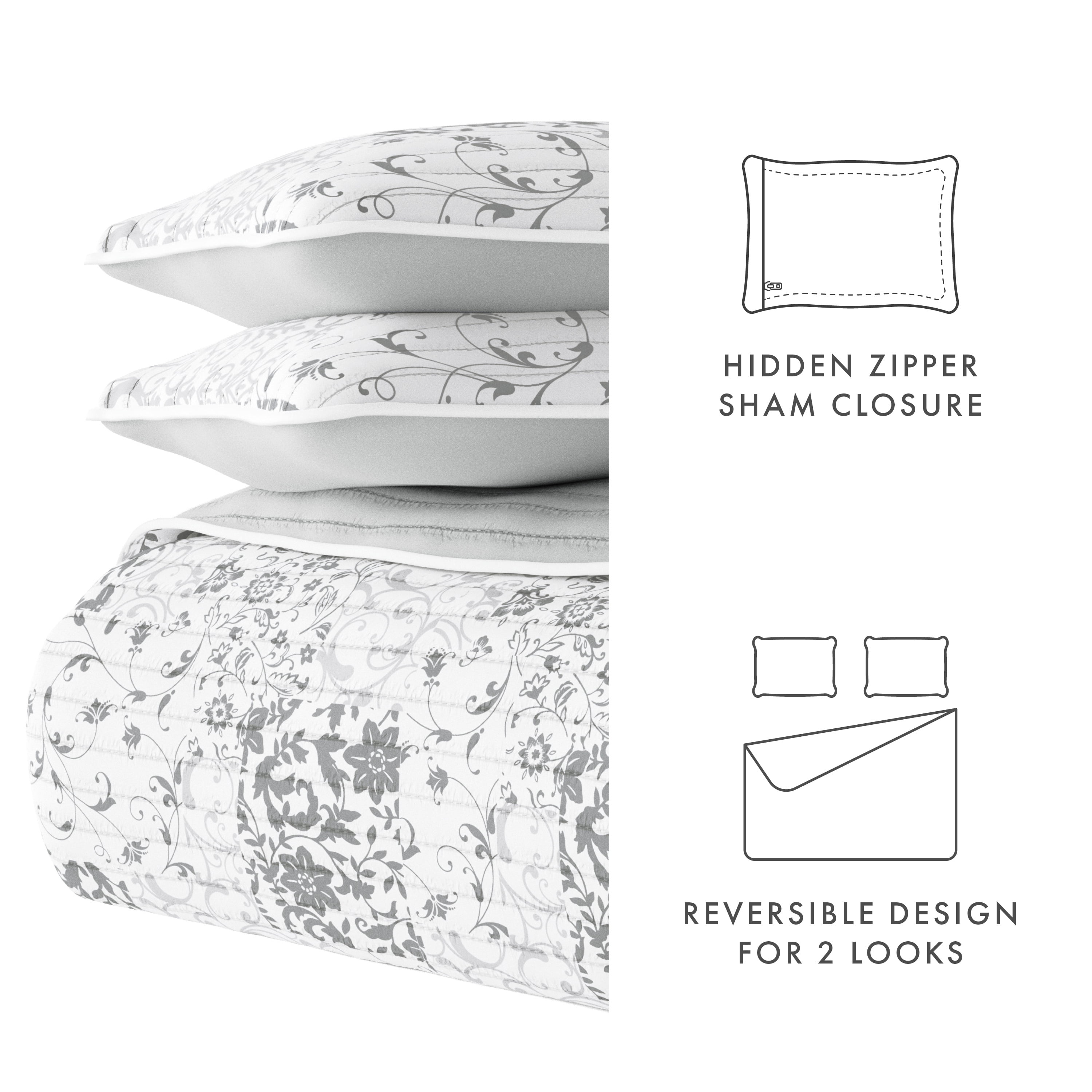 Noble Linens Light Grey 3 Piece Scrolled Patchwork Reversible Microfiber Quilt Set, King / CalKing