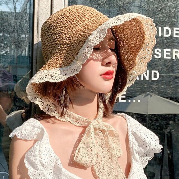 SikaFu Sun Hat Women Spring Summer Hat New Lace Brim Beach Cap Wide Brim Beach Hat Lady Lace Band Packable Bucket Cap Straw Hat