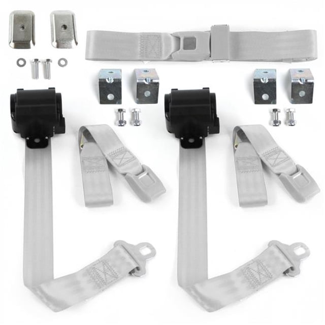 Gray & Grey Retractable Bench Seat Belt Kit with Bracketry for 1950-1954 Nash Rambler Standard 2 Point - 3 Belts