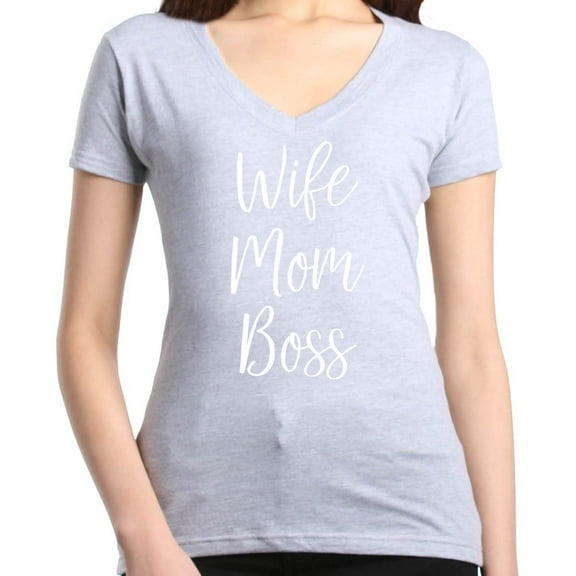 Shop4Ever Women's Wife Mom Boss Slim Fit V-Neck T-Shirt Medium Sports Grey