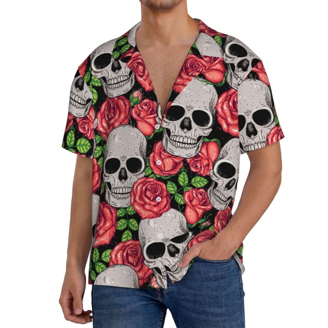Balery Skull and Roses Camisa Casual de Manga Corta con Botones para Hombre, Texturizada, Estilo Cubano, para Playa, Verano-Medium