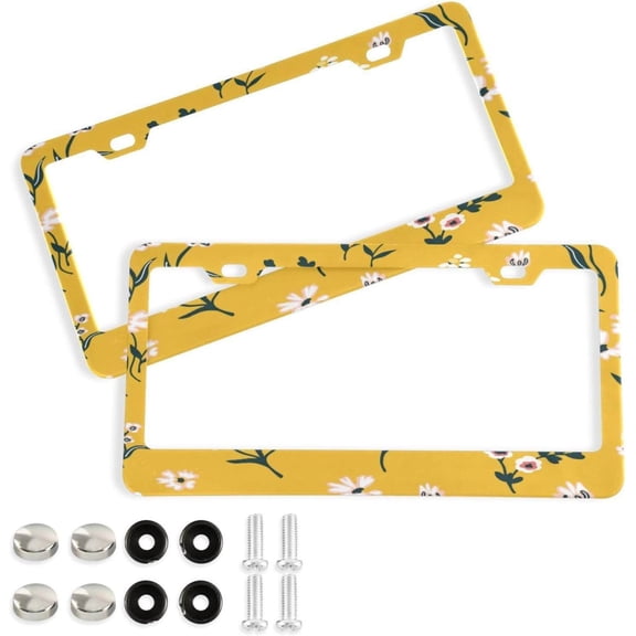 Coolnut Flowers Yellow License Plate Frame 2 Pack 2 Holes Car Aluminum License Plate Holder Automotive Parts Decoration Universal with Screw Caps Cover