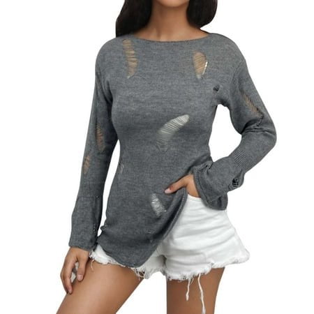 MKLEKYY Robe Chandail Grande Taille Femme Ajustée Couleur Unie chandail-Over Tricoté Ajouré Manches Longues Décontracté Mode Femme