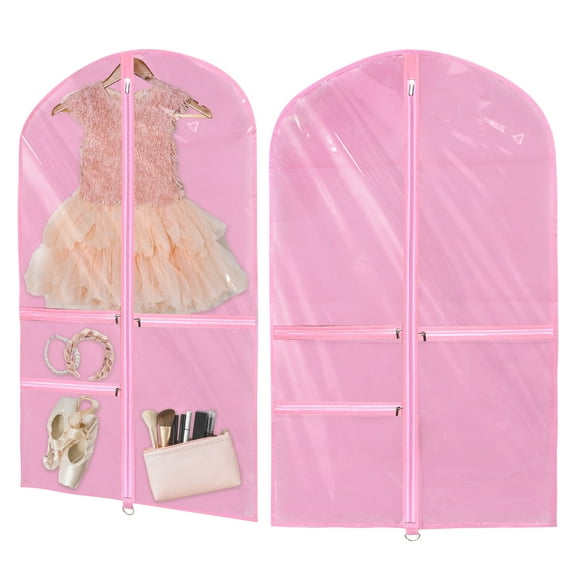 2 Pcs PVC Costume Dance Garment Bag with 3 Clear Zipper Pockets Portable Kid Dance Costume Garment Bag for Travel and Competition