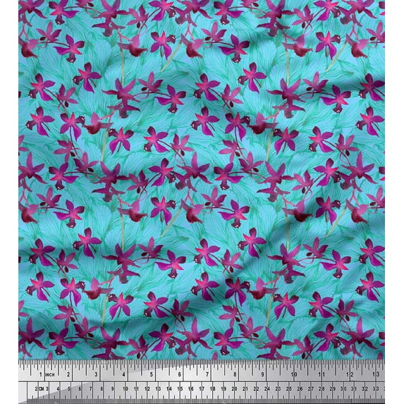 Soimoi Blue Rayon Fabric Flower & Leaves Watercolor Printed Fabric 1 Yard 42 Inch Wide