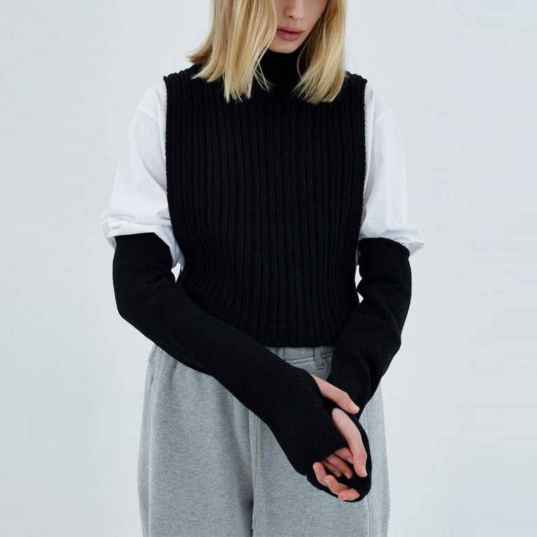 Women Ribbed Knitted Sweater Vest with Long Arm Sleeves