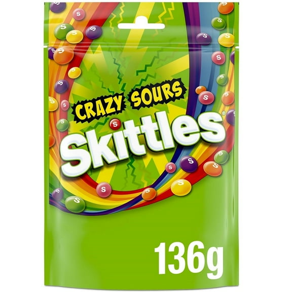 Skittles Vegan Chewy Crazy Sour Sweets Fruit Flavoured Pouch Bag 136g (Pack of 4)