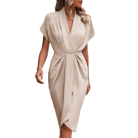 WRKEKC Summer Dresses for Women Solid V Neck Short Sleeve Cinched Waist Maxi Soft Breathable Fabric Chic Soft