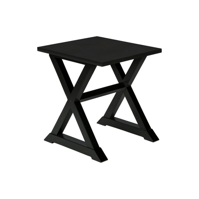 Black square accent table with X-shaped legs, suitable as an end or side table in transitional bedroom decor.