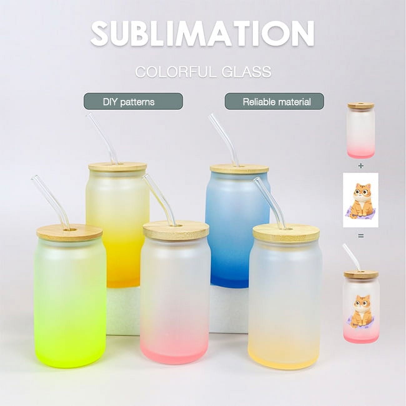 16oz Glass Can, 16 Oz Sublimation Glass, Ombre Color Glass Beer Can,  Sublimation Tumbler With Bamboo Lid and Plastic Straw 