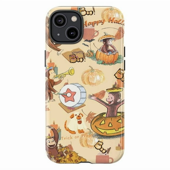 Cute Halloween Curious Monkey Pumpkin Phone Case, Fall Trick or Treat Cartoon iPhone Cover, Fun Autumn Festival Protective Case for iPhone 16 15 14 13 12 11 Pro Max Plus Mini