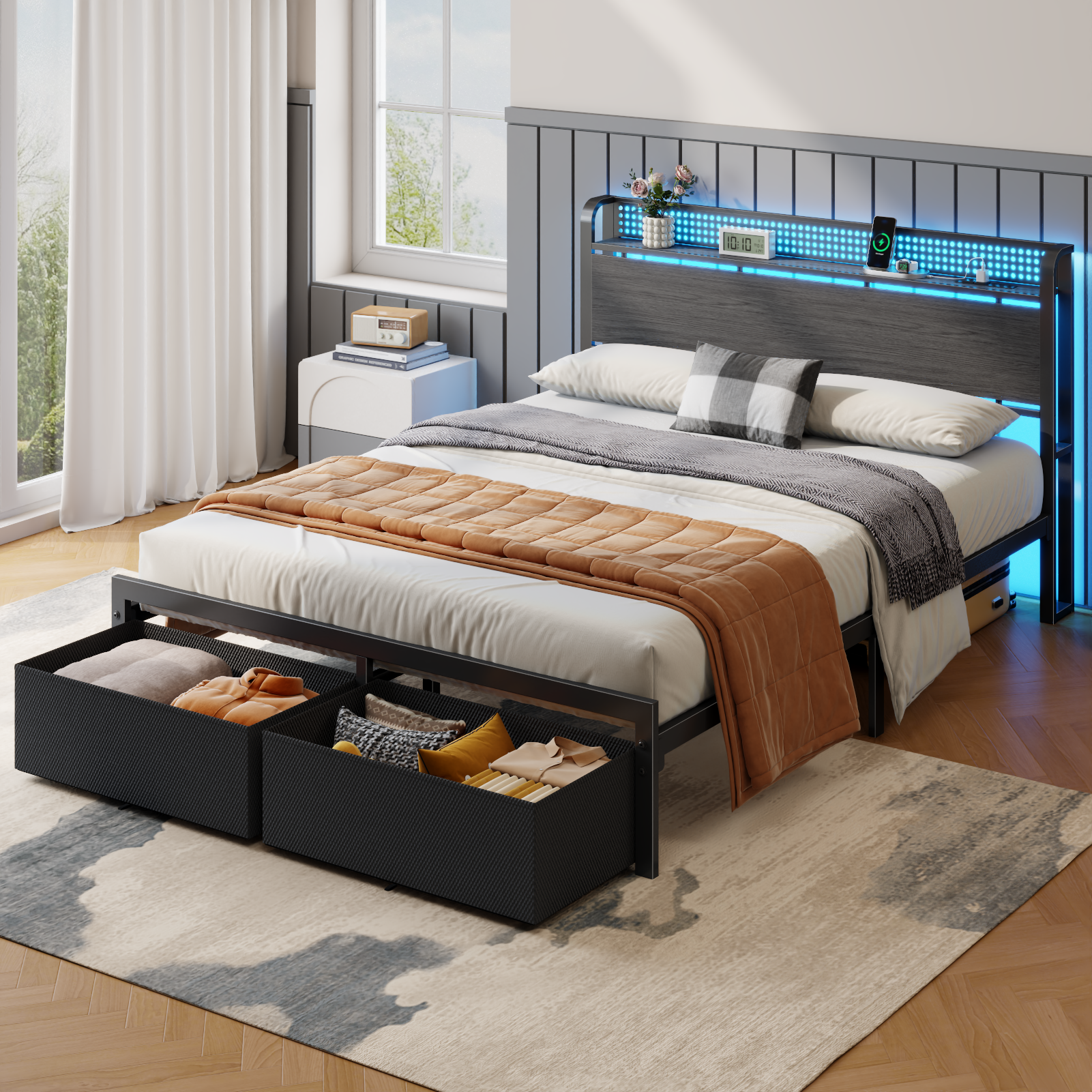 Satifur Queen Bed Frame with Storage Drawers and Charging photo 8