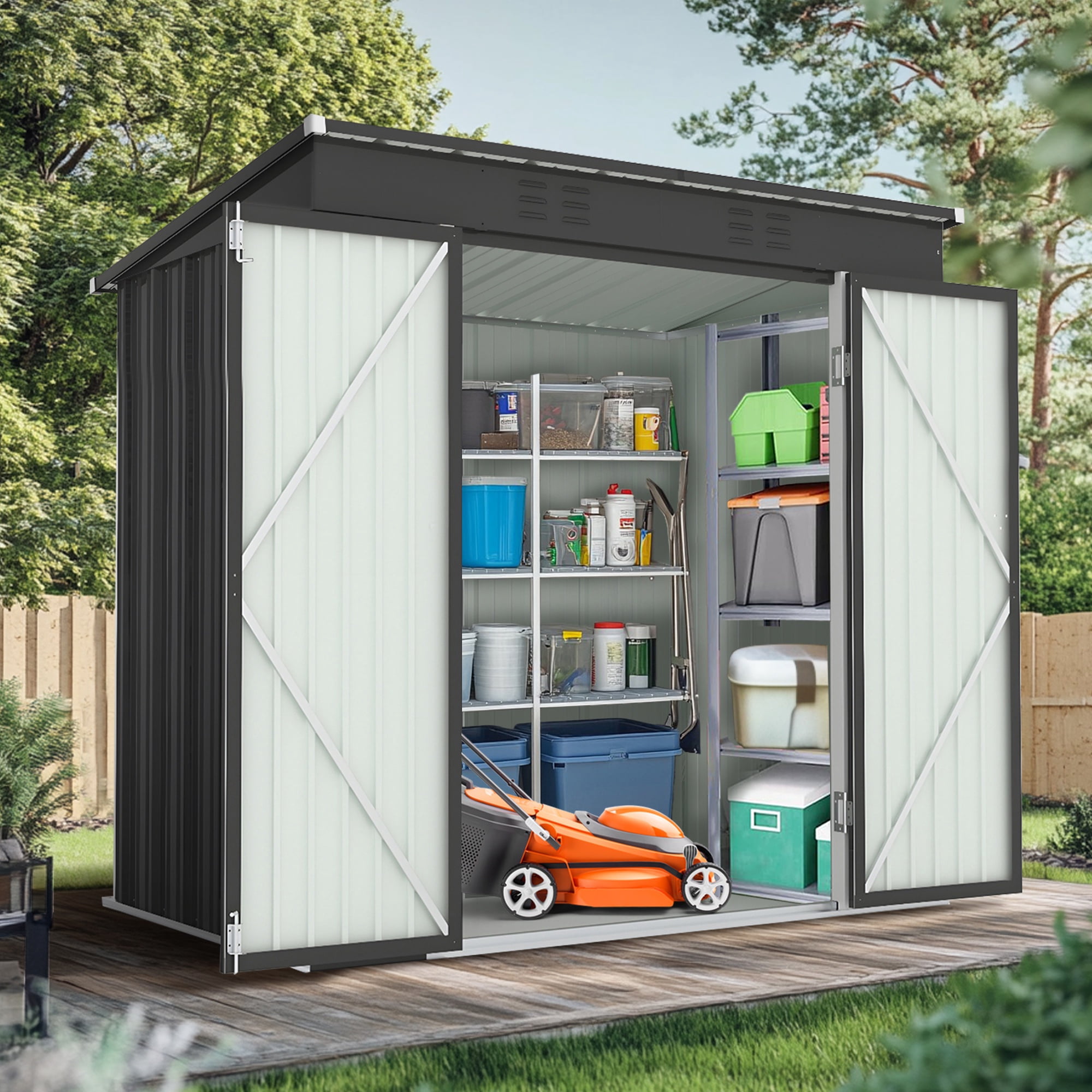 Seizeen Shed & Outdoor Storage, 6x4FT Metal Storage Shed for Tools, All-Weather Galvanized Garden Shed with Sloped Top, Backyard Patio Lawn Walk-In Shed, Black